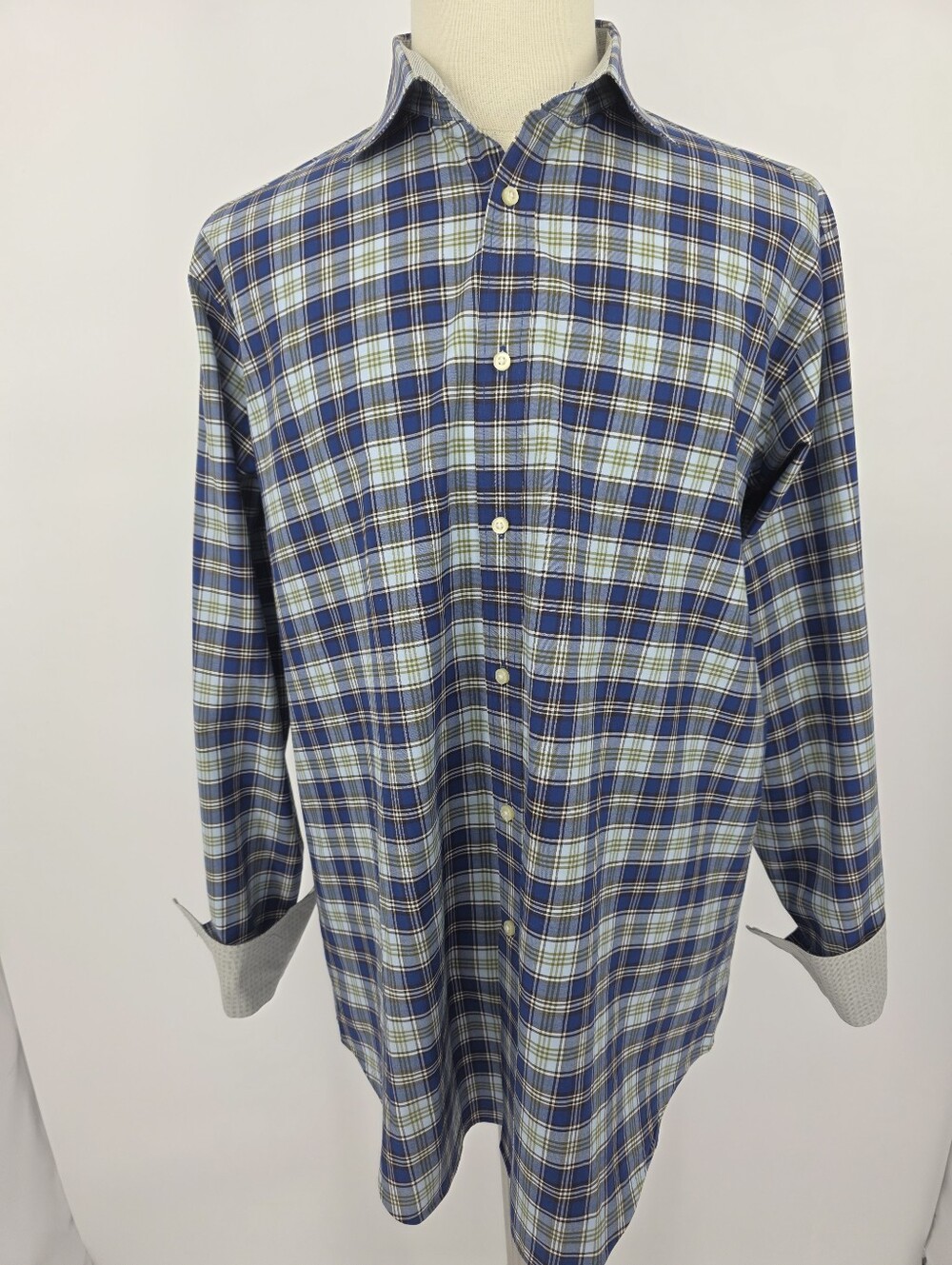 Thomas Dean Blue Plaid Button Down Shirt XL 100% Cotton Long Sleeve